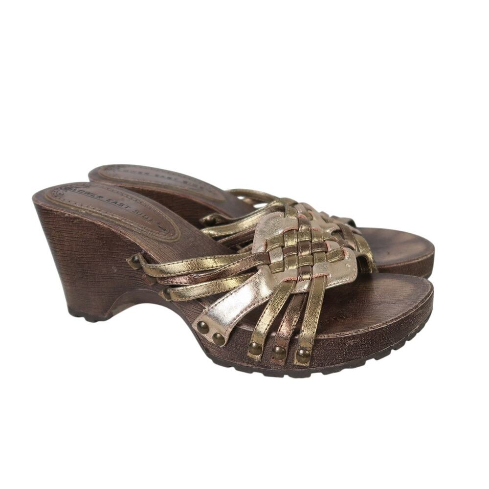 Vintage 90s Lower East Side Metallic Gold Faux Leather Woven Mule Sandal Heels 6